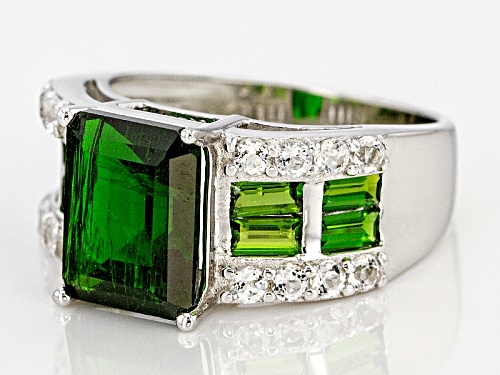Pre-Owned 3.40ct Emerald Cut With 1.00ctw Baguette Chrome Diopside And .80ctw Round White Topaz Silv - Size 9