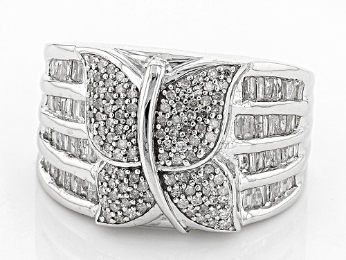 Pre-Owned 1.00ctw Round And Baguette White Diamond Rhodium Over Sterling Silver Ring - Size 6