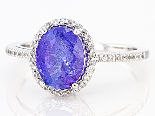 Pre-Owned 1.63ctw Oval Tanzanite & .17ctw Round White Zircon Rhodium Over Sterling Silver Halo Ring - Size 8