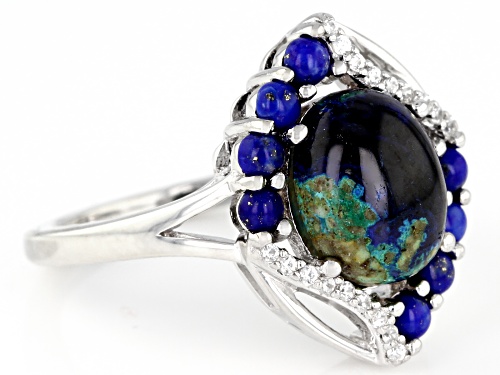 Pre-Owned 10x8mm Oval Azurmalachite, 2.5mm Lapis Lazuli and .08ctw White Zircon Rhodium Over Silver - Size 8