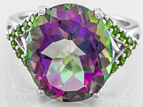 Pre-Owned 6.18ct Oval Mystic® Green Quartz With .31ctw Round Chrome Diopside Sterling Silver Ring - Size 7