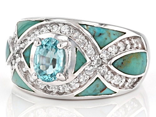 Pre-Owned 1.07ct Oval blue zircon with turquoise and .68ctw white zircon rhodium over sterling silve - Size 9