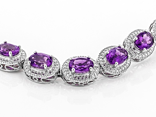 Pre-Owned 14.16ctw Oval Amethyst With Round White Diamond Accent Rhodium Over Sterling Silver Bracel - Size 7.25