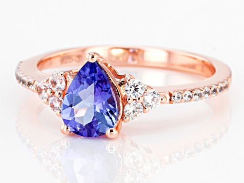 Pre-Owned 1.03CT Pear Shape Tanzanite with .30CTW Round White Zircon 18k Rose Gold Over Sterling Sil - Size 7