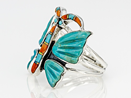 Pre-Owned Southwest Style By Jtv™ Turquoise, Opal Simulant, Orange Spiny Oyster Shell Silver Butterf - Size 5