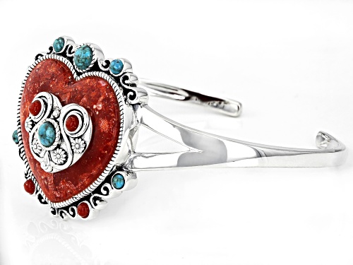 Pre-Owned Global Destinations™ Red Sponge Coral And Turquoise Sterling Silver Heart Design Cuff Brac - Size 8
