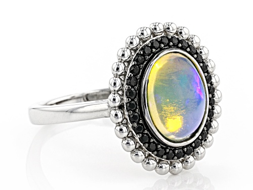Pre-Owned 10x8mm Ethiopian Opal and 0.25ctw Black Spinel Rhodium Over Sterling Silver Ring - Size 7