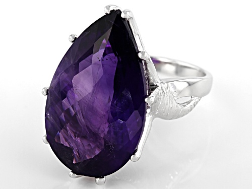 Pre-Owned 17.00ct Pear African Amethyst Rhodium Over Sterling Silver Ring - Size 8