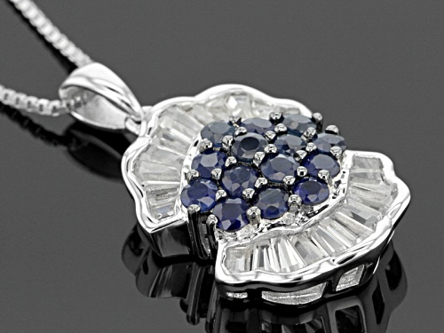 Pre-Owned 1.00ct Round Blue Kanchanaburi Sapphire With 1.17ctw White Zircon Sterling Silver Pendant