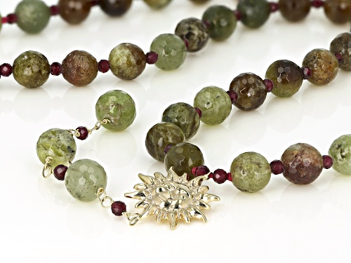 Approximately 200.00ctw Green And 6.50ctw Red Garnet Bead 10k Gold Sun Necklace - Size 20