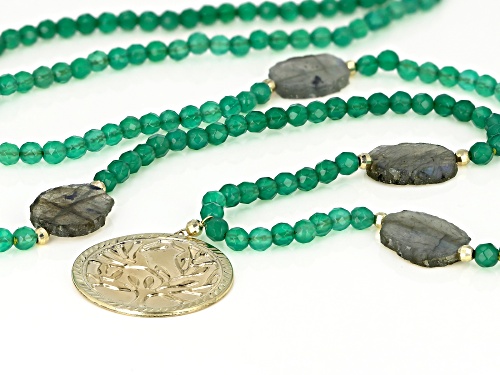4mm Green Agate & Labradorite Slice 10K Gold Tree of Life Bead Necklace - Size 32