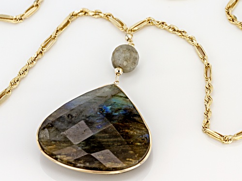 36x36mm Pear Shape And 10mm Round Labradorite Drop 10k Gold Necklace - Size 24