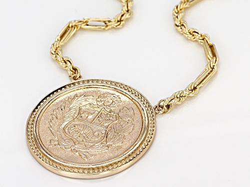 10k Yellow Gold And Bronze Peruvian Coat of Arms Coin Necklace - Size 20