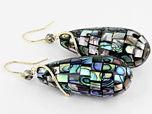 Mosaic Abalone Shell & Pyrite Bead 10k Gold Teardrop Dangle Earrings