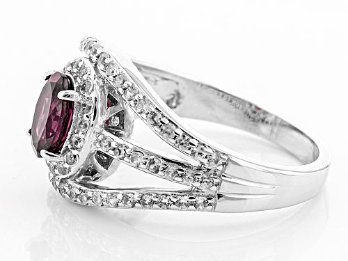 Pre-Owned .80ct Oval Raspberry Color Rhodolite And .49ctw Round White Zircon Sterling Silver Ring - Size 12