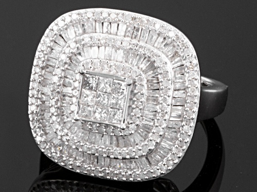 Pre-Owned 1.45ctw Baguette, Round, & Princess Cut Diamonds Rhodium Over Sterling Silver Cocktail Rin - Size 10