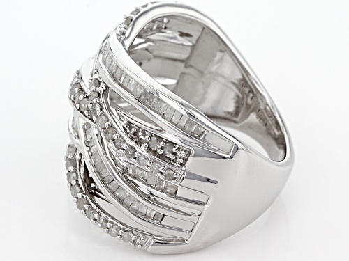 Pre-Owned 1.00ctw Round And Baguette Diamond Rhodium Over Sterling Silver Band Ring - Size 8