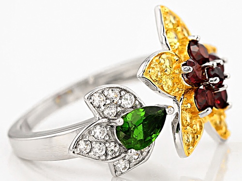 Pre-Owned 1.95ctw Raspberry Color Rhodolite, Yellow Sapphire, Chrome Diopside & Zircon Silver Floral - Size 9