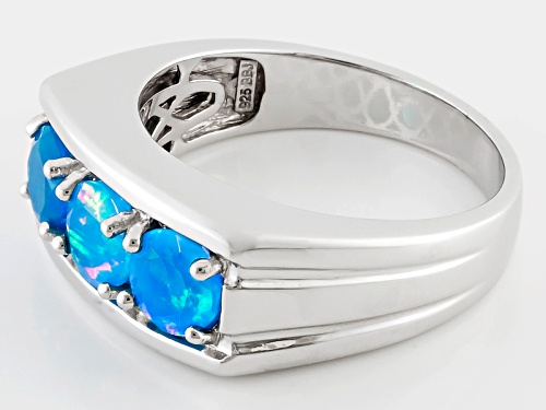 Pre-Owned 1.02ctw Round Paraiba Color Blue Ethiopian Opal Sterling Silver Mens 3-Stone Ring - Size 13