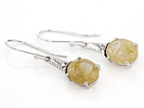 3.38ctw Oval Rutilated Quartz And .05ctw Round Black Spinel Rhodium Over Silver Dangle Earrings