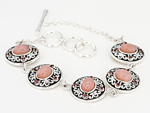 8x6mm Oval Cabochon Peruvian Pink Opal And .34ctw Raspberry Rhodolite Silver Bracelet - Size 7.25