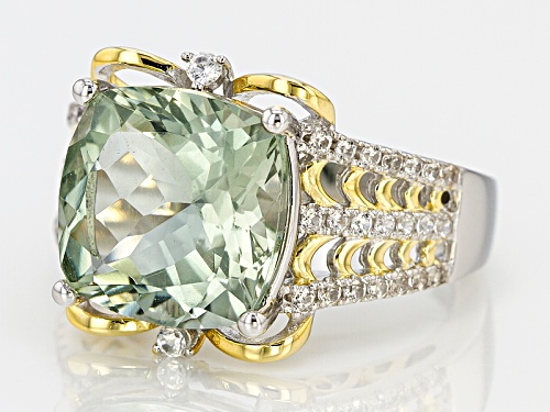 5.53ct Square Cushion Green Amethyst And .41ctw Round White Zircon Two-Tone Sterling Silver Ring - Size 8