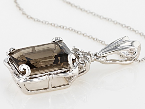 9.13ct Emerald Cut Smoky Quartz And .37ctw Round White Topaz Sterling Silver Pendant With Chain
