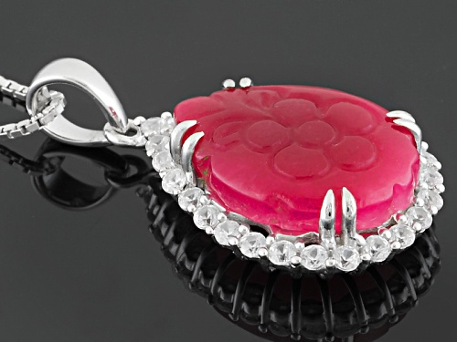 20x15mm Hand Carved Red Onyx With 1.30ctw White Zircon Rhodium Over Silver Floral Pendant With Chain