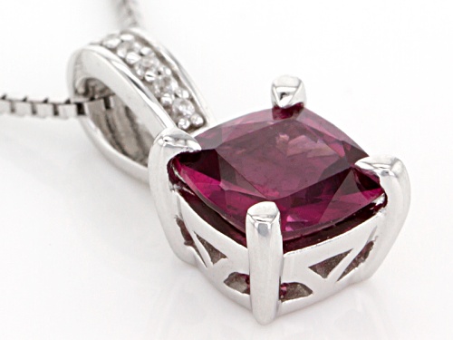 1.43ct Square Cushion Raspberry color Rhodolite With .03ctw Round Zircon Silver Pendant With Chain