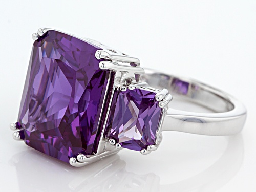 13.14ctw Purple Lab Created Color Change Sapphire Rhodium Over Sterling Silver 3-Stone Ring - Size 7