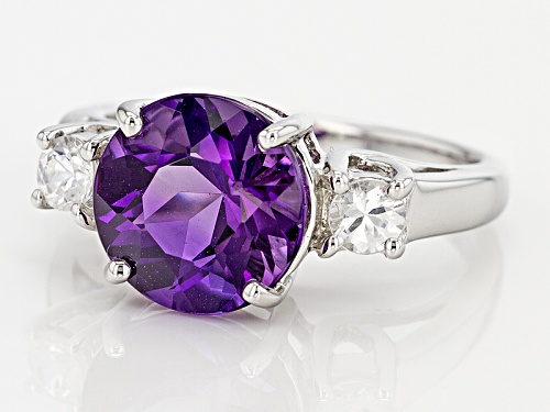 2.52ct Round African Amethyst With .39ctw Round White Zircon Rhodium Over Sterling Silver Ring - Size 7
