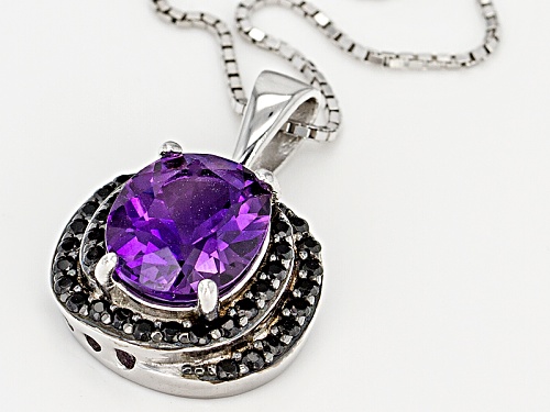 1.90ct Oval African Amethyst And .30ctw Round Black Spinel Sterling Silver Pendant With Chain