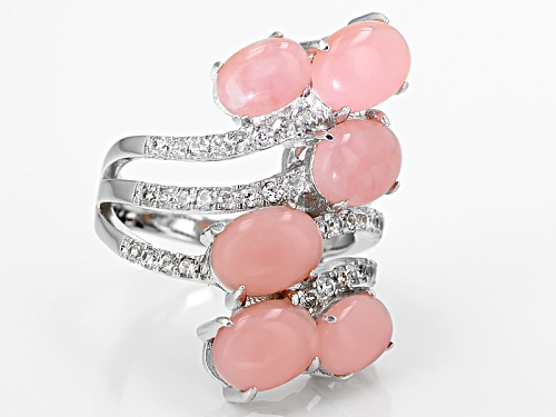 8x6mm And 7x5mm Oval Cabochon Peruvian Pink Opal And .72ctw Round White Zircon Sterling Silver Ring - Size 7