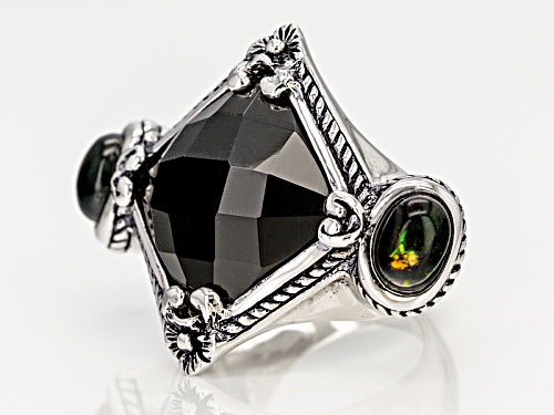.85ctw Oval Cabochon Black Ethiopian Opal And 15mm Square Cushion Black Onyx Sterling Silver Ring - Size 6