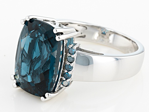 6.97ct Rectangular Cushion London Blue Topaz And .12ctw Round Blue Diamond Sterling Silver Ring - Size 12