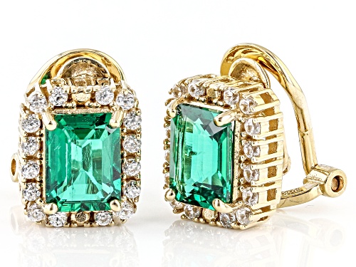 2.13ctw Lab Created Emerald With 0.54ctw White Zircon 18k Yellow Gold Over Silver Clip-On Earrings