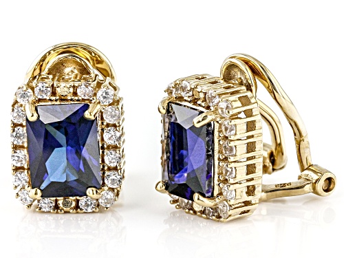 3.15ctw Lab Blue Sapphire With 0.54ctw White Zircon 18k Yellow Gold Over Silver Clip-On Earrings