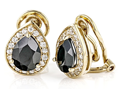 4.30ctw Pear Shaped Black Spinel And 0.70ctw Zircon 18k Yellow Gold Over Sterling Silver Earrings