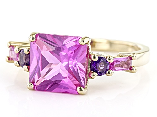 4.58ctw Lab Created Pink Sapphire And 0.19ctw African Amethyst 18k Yellow Gold Over Silver Ring - Size 9
