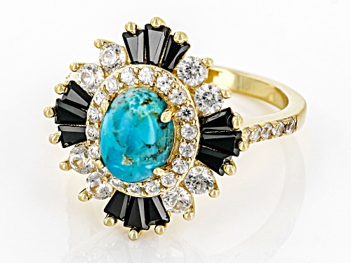 2.00ctw Turquoise, Black Spinel And White Zircon 18k Yellow Gold Over Sterling Silver Ring - Size 7