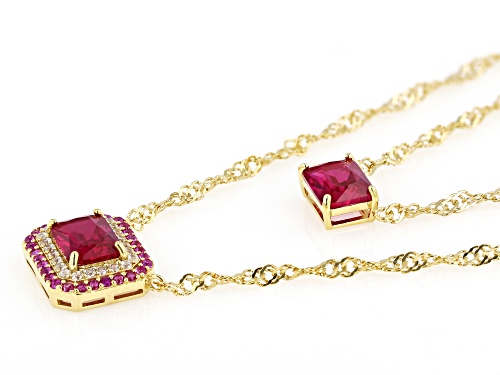 2.32ctw Lab Ruby and 0.22ctw White Zircon 18k Yellow Gold Over Silver Double Layered Necklace - Size 18