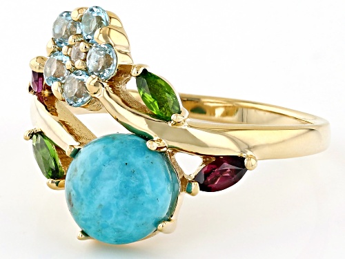 Multi Gem 18k Yellow Gold Over Sterling Silver Bypass Flower Ring - Size 7