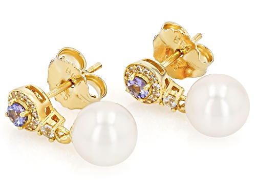 7.5mm White Cultured Japanese Akoya Pearl With Tanzanite & Zircon 18k Gold Over Silver Earrings