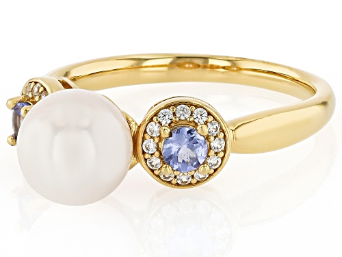 7.5mm White Cultured Japanese Akoya Pearl With Tanzanite & Zircon 18k Yellow Gold Over Silver Ring - Size 7