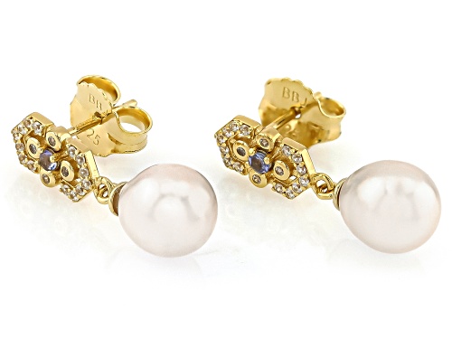 7.5mm White Cultured Japanese Akoya Pearl With Tanzanite & Zircon 18k Gold Over Silver Earrings