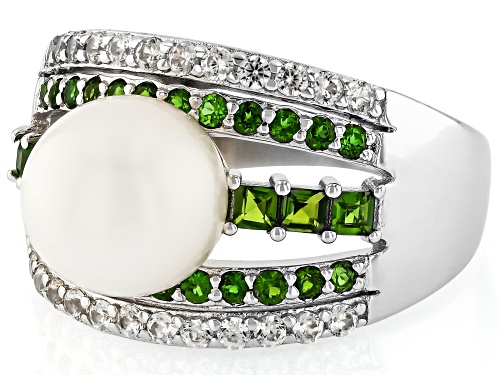 9mm White Cultured Freshwater Pearl With Chrome Diopside & Zircon 18k Yellow Gold Over Silver Ring - Size 7