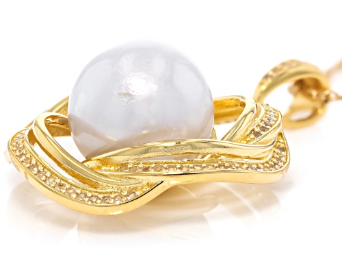 13mm White Cultured Freshwater Pearl & Topaz 18k Yellow Gold Over Sterling Silver Pendant With Chain