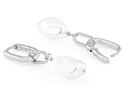 11mm White Cultured Freshwater Pearl Rhodium Over Sterling Silver Earrings