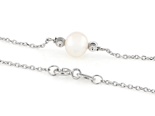 7.5mm White Cultured Freshwater Pearl Rhodium Over Sterling Silver Necklace - Size 18