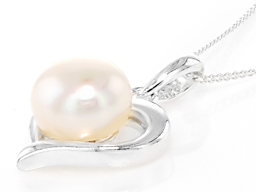 6mm White Cultured Freshwater Pearl Rhodium Over Sterling Silver Pendant With Chain